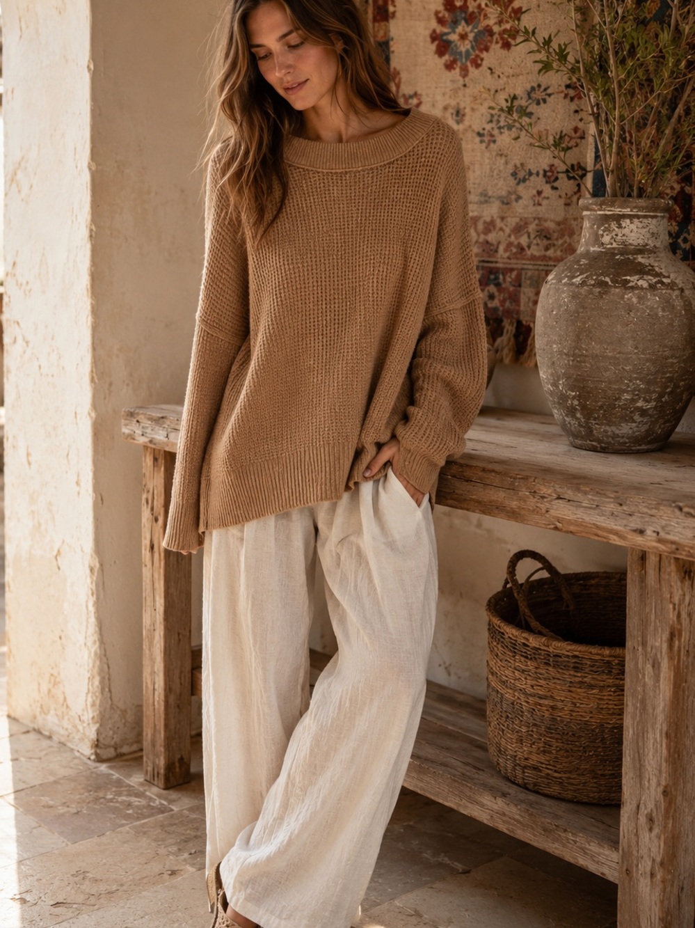 Aerie Womens M Waffle Knit Oversized Sweater Camel Brown Drop Shoulder Pullover